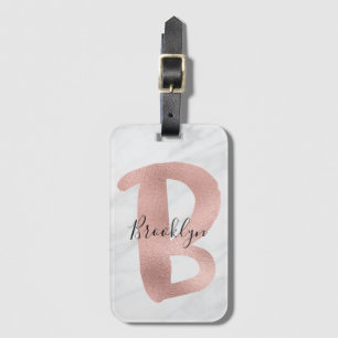 Etiqueta Para Maletas Chic Blanco y Gris Mármol Rosa Oro B Monograma Nom