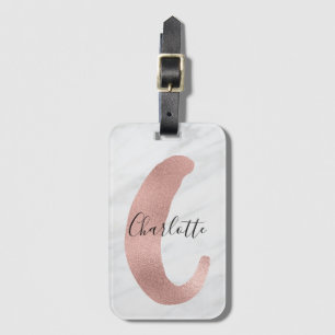 Etiqueta Para Maletas Chic Blanco y Gris Mármol Rosa Oro C Monograma Nom