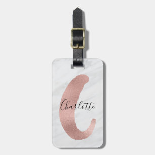 Etiqueta Para Maletas Chic Blanco y Gris Mármol Rosa Oro C Monograma Nom