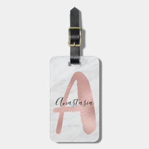 Etiqueta Para Maletas Chic Blanco y Mármol Gris Rosa Oro A Monograma Nom