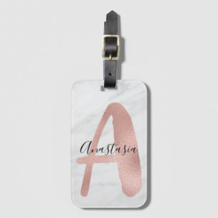 Etiqueta Para Maletas Chic Blanco y Mármol Gris Rosa Oro A Monograma Nom