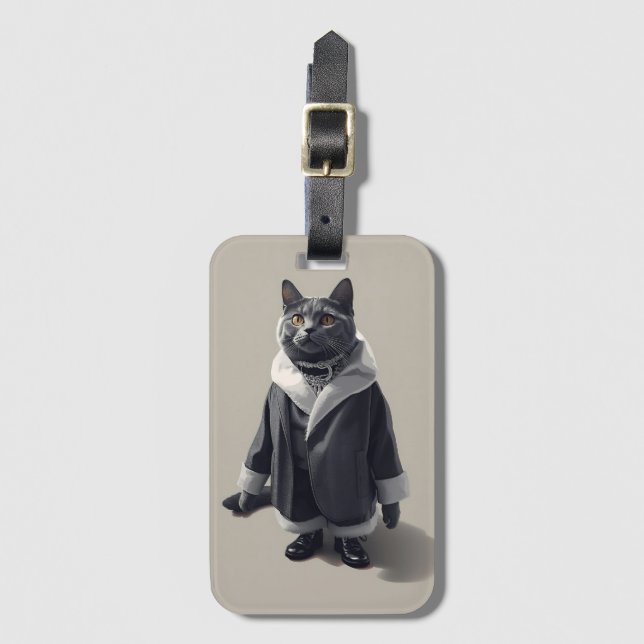 Etiqueta Para Maletas Chic Dressed Grey Cat Fashion Illustration (Anverso vertical)