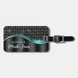 Etiqueta Para Maletas Chic Falso Metal Brillado Monograma Negro Verde Ag