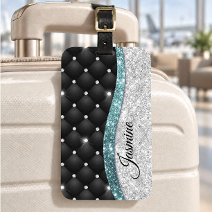 Etiqueta Para Maletas Chic femenino monograma falso brillo plateado negr