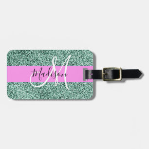 Etiqueta Para Maletas Chic Glam Rosa Verde Brillo Destello Monograma Nom