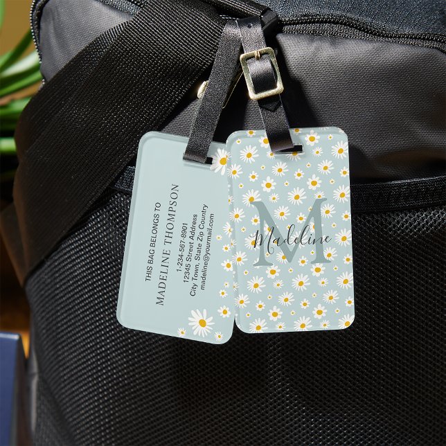 Etiqueta Para Maletas Chic Minimal Daisy Teal Script Monogram (Subido por el creador)