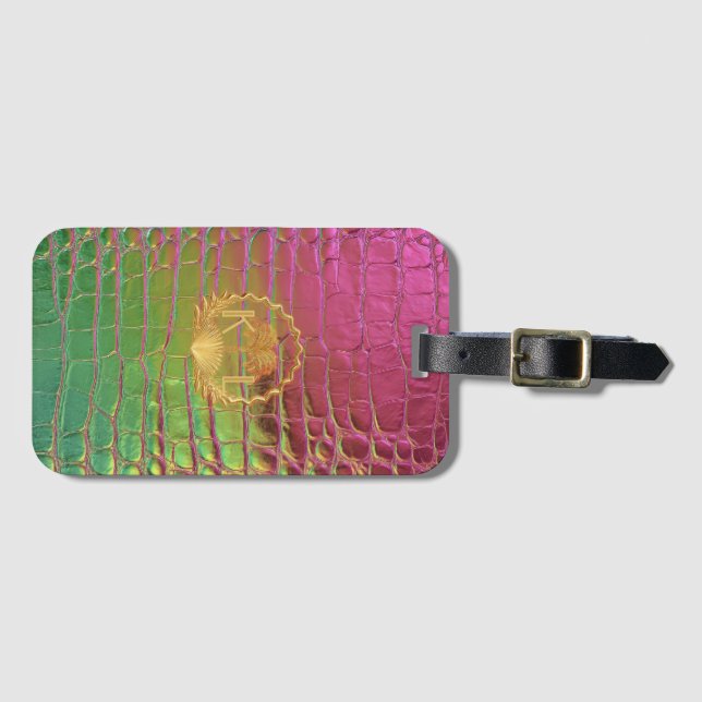 Etiqueta Para Maletas Chic Pink Green Croc Monogram Gold Crest (Anverso horizontal)