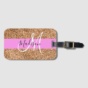 Etiqueta Para Maletas Chic Rosa y Purpurina de Calabaza Brillante Monogr