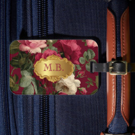 Etiqueta Para Maletas Chic Vintage Rosa Roja Floral Monogramada