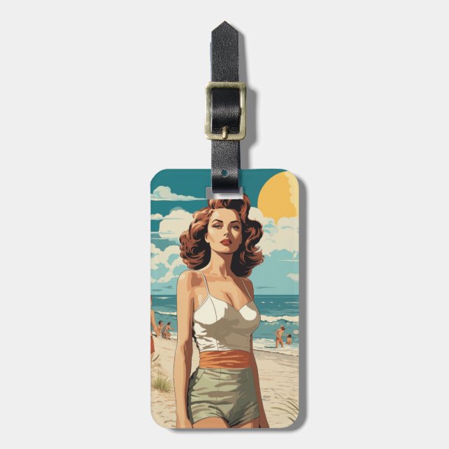 Etiqueta Para Maletas chica de playa de 1950 (Frente Vertical)