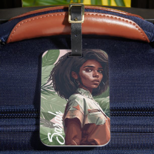Etiqueta Para Maletas Chica negra afro minimalista con hojas tropicales