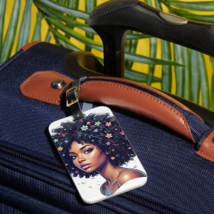 Etiqueta Para Maletas Chica Negra Caprichosa con Afro Adornado con Flore