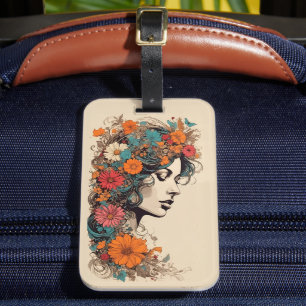 Etiqueta Para Maletas Chica Retro con Flores en su cabello