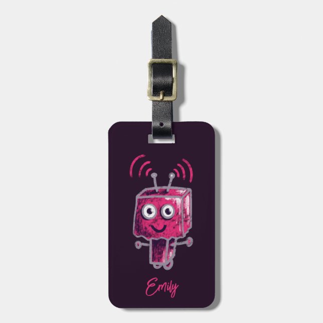 Etiqueta Para Maletas Chica rosa de Grunge de Robot Cute (Frente Vertical)