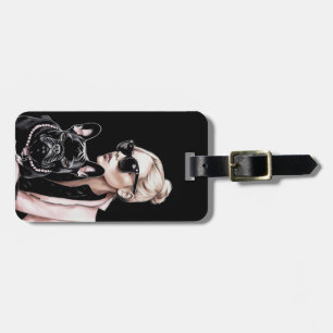Etiqueta Para Maletas Chica rubio en gafas de sol bulldog francés negro