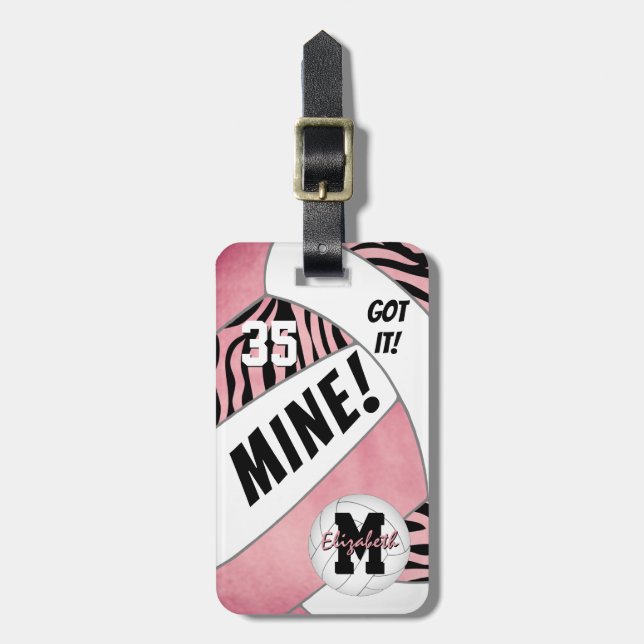 Etiqueta Para Maletas Chicas rosados con rayas de cebra voleibol (Frente Vertical)