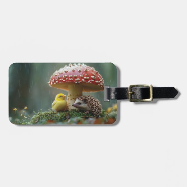 Etiqueta Para Maletas Chick y peto escondiéndose bajo un hongo (Frente Horizontal)