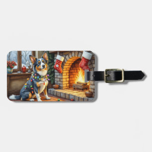 Etiqueta Para Maletas Chimenea con Luces de Navidad y Blue Heeler