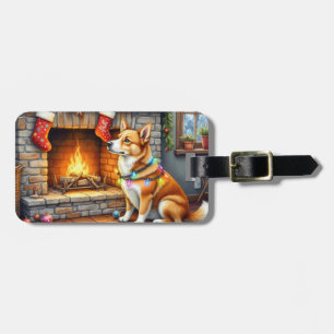 Etiqueta Para Maletas Chimenea con Perro de Carolina y Luces de Navidad