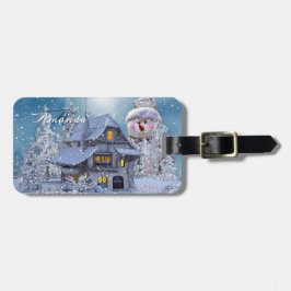Etiqueta Para Maletas Christmas Monogram Winter White Snowman Blue