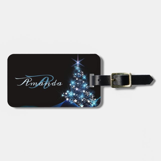 Etiqueta Para Maletas Christmas Party Blue Tree Shiny Black Elegant (Frente Horizontal)