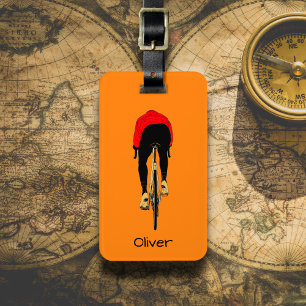 Etiqueta Para Maletas Ciclista sobre fondo naranja