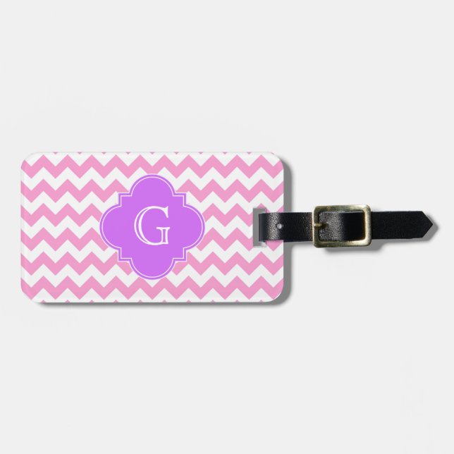 Etiqueta Para Maletas Cinta rosa Chevron Zigzag Lilac Quatrefoil Monogra (Frente Horizontal)