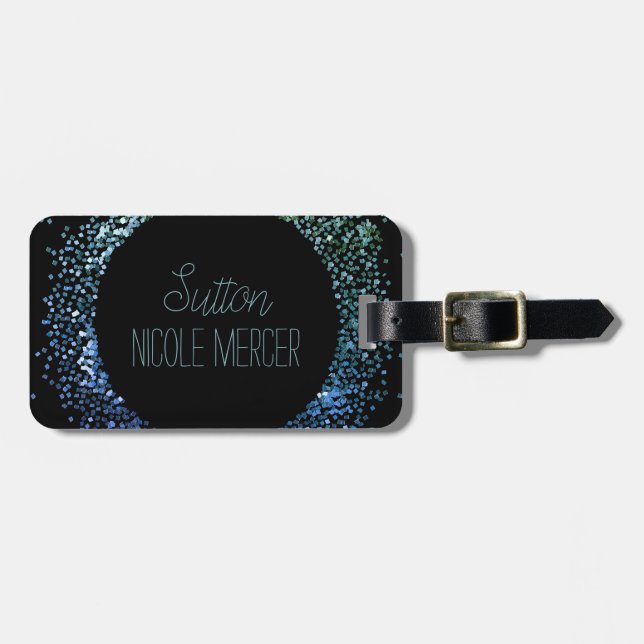 Etiqueta Para Maletas Círculo Purpurina azul (Frente Horizontal)