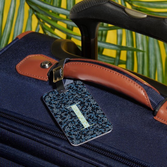 Etiqueta Para Maletas Clásica Floral Monogramada Letra I azul (Anverso In situ 1)