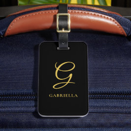 Etiqueta Para Maletas Clásico Chic Monograma Script Negro Y Dorado Perso