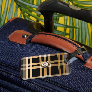 Etiqueta Para Maletas Clásico Monograma Elegante Gris, Negro Y Beige