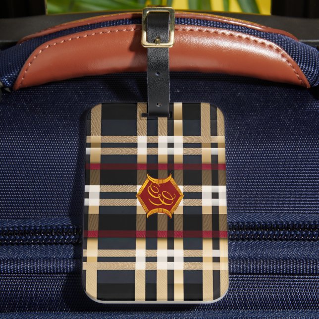 Etiqueta Para Maletas Clásico Monograma Elegante Plano Negro Rojo & Beig (Anverso In situ 2)
