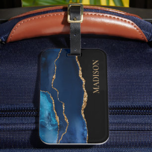 Etiqueta Para Maletas Clásico Navy Blue Gold Purpurina Black First Name