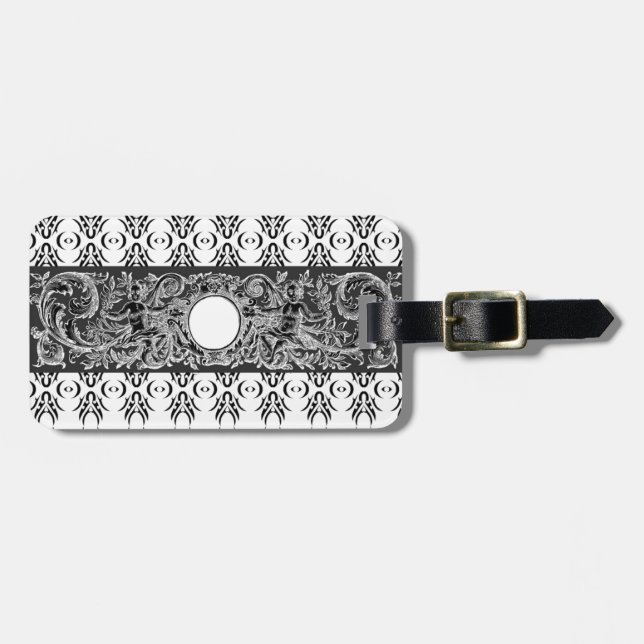 Etiqueta Para Maletas Clásico patrón barroco blanco negro a personalizar (Frente Horizontal)