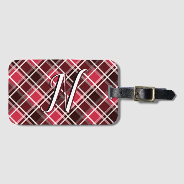 Etiqueta Para Maletas Clásico Personalizado Monograma Rojo Tartán Plaid (Anverso horizontal)