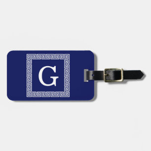 Etiqueta Para Maletas Clave griega blanca azul de la marina #1 Monograma