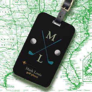 Etiqueta Para Maletas Clubes de golf y bolas monogramadas en negro