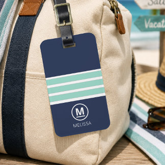 Etiqueta Para Maletas Coastal Summer Navy Mint Rayas Monograma Nombre