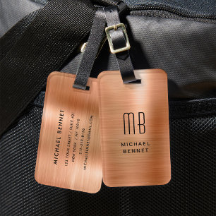 Etiqueta Para Maletas Cobre Marrón Elegante Metal Cepillado con Monogram