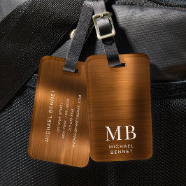 Etiqueta Para Maletas Cobre Marrón Monograma Elegante Metálico Bruñido