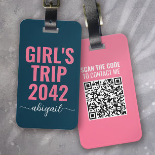 Etiqueta Para Maletas Código QR para caligrafía rosa azul de viaje de ch