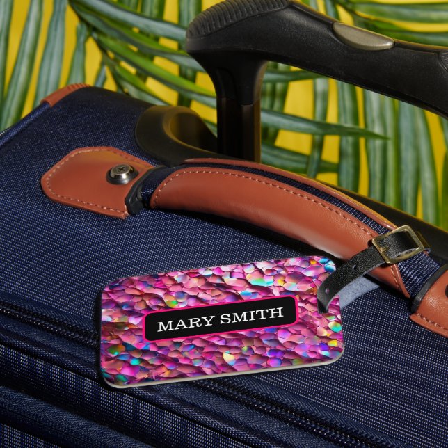 Etiqueta Para Maletas Colección popular holográfica opal purpurina (Anverso In situ 3)