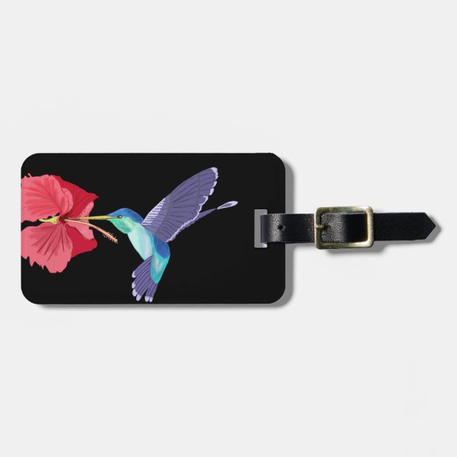 Etiqueta Para Maletas Colibrí azul y verde e Hibiscus rojo (Frente Horizontal)