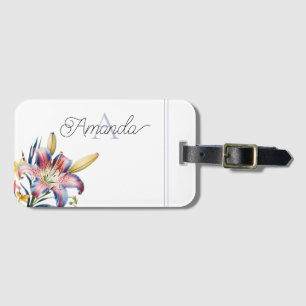 Etiqueta Para Maletas Color de agua azul y lirio rosa monogramado