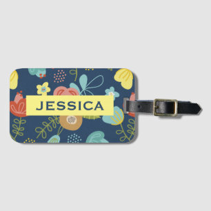 Etiqueta Para Maletas Color Floral Patrón azul oscuro personalizado