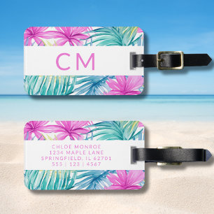 Etiqueta Para Maletas Color Preppy Monogramado Patrón tropical rosa