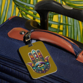 Etiqueta Para Maletas Colores de pavo real Hamsa con tercer ojo dorado