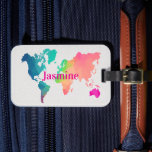 Etiqueta Para Maletas Colorful World Map Custom Monogram Name Luggage<br><div class="desc">Add a fun touch to your travels with this colorful girly world map luggage tag! The bright travel map design makes your suitcase easy to spot at the airport and adds a stylish, feminine touch to any bag. Personalize it with your name to create a unique custom luggage tag that’s...</div>