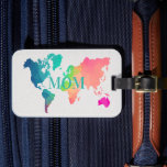 Etiqueta Para Maletas Colorful World Map MOM Custom Monogram Name<br><div class="desc">Add a fun touch to your travels with this colorful girly world map luggage tag! The bright travel map design makes your suitcase easy to spot at the airport and adds a stylish, feminine touch to any bag. Personalize it with your name to create a unique custom luggage tag that’s...</div>