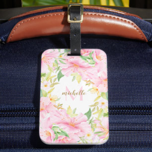 Etiqueta Para Maletas Colorido Floral Monograma Acuarela Rosa Botánico